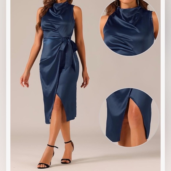 Allegra K Women Sleeveless Satin Dress Stand Collar Tie Ruched Waist Dress - Picture 3 of 13